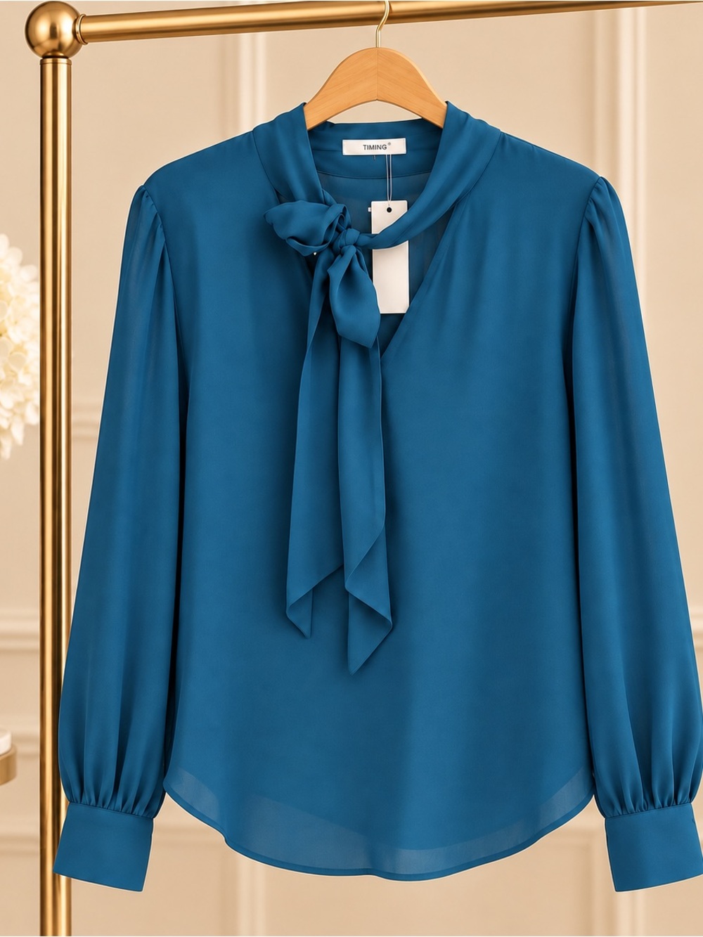 Timing Teal Tie-Neck Long Sleeve Blouse